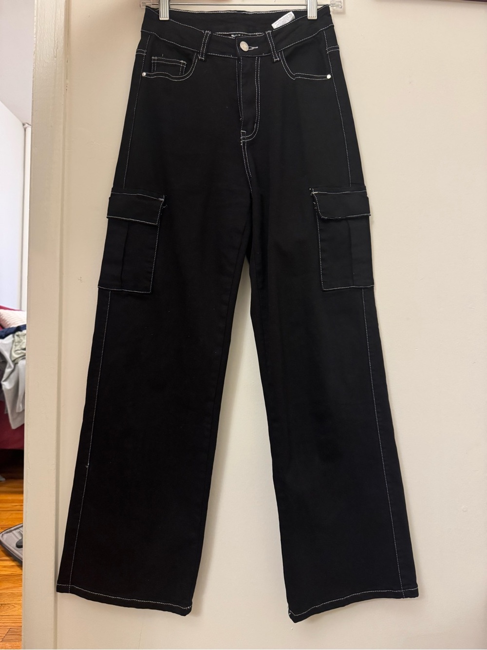 Black Cargo Wide-Leg Pants with Contrast Stitching